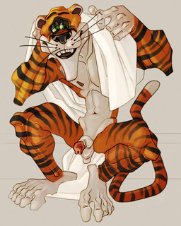 after_shower anthro balls belly big_chin black_eyelids black_lips black_nose caricature facial_markings feet flaccid fur genitals glans green_eyes head_markings lean_male lips long_body long_chin long_feet long_tail male markings muscular_legs muzzle_(marking) nipples orange_body orange_fur penis pink_nipples pose raised_arms red_glans saggy_balls short_penis simple_background sitting skinny_male small_penis small_waist smile solo spread_legs spreading striped_body striped_fur stripes tail tall_male thin_penis towel_drying whiskers white_belly white_feet white_hands ravuer tiny_tiger:_worlds_full_of_fun_and_excitement tiny_tiger_(tiny_tiger:_worlds_full_of_fun_and_excitement) felid mammal pantherine tiger 4:5 absurd_res hi_res pinup