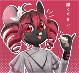 anthro big_ears black_body black_fur black_hair blush buckteeth clothed clothing curly_hair dotted_background egg female fur gradient_background hair headgear headwear highlights_(coloring) holding_egg holding_object looking_at_viewer pattern_background pawpads pink_nose red_eyes red_highlights simple_background smile solo teeth text white_bow white_clothing white_headwear huwon epic_games fortnite camille_(fortnite) mammal murid murine rat rodent 2025 digital_media_(artwork) hi_res japanese_text