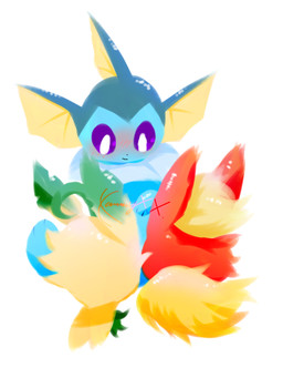 ambiguous_gender blue_body blush fur green_body green_ears green_fur group looking_down looking_down_at_another multicolored_body multicolored_fur neck_tuft orange_body orange_ears orange_fur purple_eyes simple_background spread_legs spreading trio tuft two_tone_body two_tone_fur white_background yellow_body yellow_fur conditional_dnp xammyxx nintendo pokemon eeveelution flareon generation_1_pokemon generation_4_pokemon leafeon pokemon_(species) vaporeon 2026 3:4 digital_media_(artwork) hi_res ibispaint_(artwork) lineless signature watermark