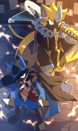 3_toes 4_claws ambiguous_gender anthro biped black_inner_ear black_legs black_paws blue_arms blue_body blue_ears blue_eyes blue_fur cape chest_spike claws clothing duo electric_guitar feet fur guitar headgear headwear holowear_(pokemon) looking_up musical_instrument outside plucked_string_instrument red_eyes shadow spikes spikes_(anatomy) string_instrument tail tan_body tan_fur toes white_claws yellow_body yellow_fur yellow_tail zipper makotoo jackson_guitars nintendo pokemon pokemon_unite star_(jackson_guitars) band_style_zeraora costume_party_style_lucario generation_4_pokemon generation_7_pokemon legendary_pokemon lucario pokemon_(species) zeraora colored digital_media_(artwork) digital_painting_(artwork) hi_res painting_(artwork) signature