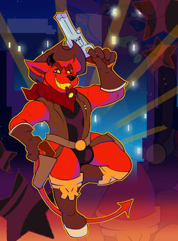 anthro boots bulge cigar clothing cowboy_boots cowboy_hat footwear grin gun handgun hat headgear headwear horn kerchief leotard male neckerchief neckwear pistol ranged_weapon shoes shortstack shortstack_male smile smoking solo teeth weapon yellow_teeth junemutt kings_of_hell gremile_'hotshot' demon imp hi_res
