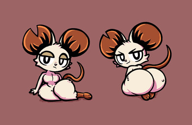 anthro big_butt big_ears black_eyes bottom_heavy breasts brown_background butt cheek_tuft facial_tuft featureless_breasts feet female front_view fur looking_at_viewer looking_back looking_back_at_viewer navel notched_ear nude pink_nose rear_view shortstack shortstack_female simple_background solo thick_thighs tuft white_body white_fur wide_hips stickyfan mina_the_hollower yacht_club_games mina_(mina_the_hollower) mammal mouse murid murine rodent
