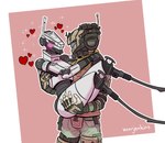 armor arms_around_partner blush bridal_carry carrying_another carrying_partner clothed clothing duo eye_contact female happy headgear heart_symbol helmet kerchief looking_at_another machine male male/female metal not_furry red_eyes simple_background sparkles standing thick_thighs visor white_body warjenkins electronic_arts respawn_entertainment titanfall human humanoid mammal robot spectre_(titanfall) absurd_res digital_media_(artwork) hi_res