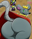 anthro big_butt black_nose buckteeth butt butt_focus cape clothed clothing crown fur golden_accessories green_eyes grey_body grey_fur headgear low-angle_view male pixelated raised_clothing raised_tail rat_tail simple_background solo tail teeth spacebunnygoxe realm_of_the_mad_god_exalt mouse_king mammal mouse murid murine rodent hi_res