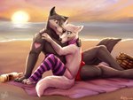 2020 4:3 anthro beach bulge canid canine canis claws clothed clothing collar cuddling digital_media_(artwork) duo embrace eye_contact feet femboy fluffy fluffy_tail fur grey_body grey_fur happy heart_(marking) heart_symbol hug kaotikjuju legwear looking_at_another love male male/male mammal markings nature no_underwear outside pawpads romantic romantic_ambiance romantic_couple seaside sitting smile stockings sunset tail thigh_highs toe_claws topless underwear underwear_only water white_body white_fur wolf