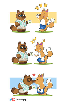 aloha_shirt anthro apron beverage blue_apron blue_clothing chibi clothing coffee container cup duo gesture heart_symbol male male/male nose_to_nose pattern_clothing pattern_shirt pattern_topwear shirt snickering topwear waving takataka animal_crossing nintendo crazy_redd tom_nook_(animal_crossing) canid canine fox mammal raccoon_dog tanuki 3:5