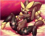 anthro bed biped black_sclera breasts brown_body brown_fur clothing female fur furniture genitals hands_behind_head innie_pussy looking_at_viewer lying navel on_back on_bed pillow pussy red_eyes small_breasts smile solo spread_legs spreading box_xod nintendo pokemon generation_6_pokemon lagomorph mammal mega_evolution mega_lopunny pokemon_(species) 5:4