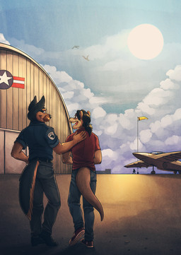 5_fingers aircraft airplane anthro belt black_body black_fur black_hair black_nose bottomwear brown_body brown_fur clothed clothing cloud day duo fingers footwear fully_clothed fur hair hand_on_back hand_on_hip hangar humanoid_hands jet looking_aside looking_at_another male open_mouth open_smile outside pants ponytail rear_view rolled_up_sleeves shirt shoes sky smile sneakers sun topwear vehicle walking whiskers redvelvetbat canid canine canis domestic_dog german_shepherd herding_dog mammal mustelid otter pastoral_dog
