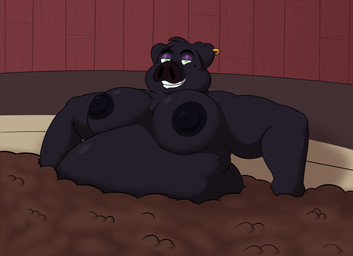 anthro black_body black_ears black_hair black_nipples black_nose ear_piercing ear_ring eyeshadow green_eyes hair half-closed_eyes inside makeup male markings mole_(marking) moobs mud mud_bath narrowed_eyes nipples nude obese obese_anthro obese_male overweight overweight_anthro overweight_male piercing purple_eyeshadow ring_piercing smile solo teeth three-quarter_view colossalstars dallas_greyson_(colossalstars) domestic_pig mammal suid suine sus_(pig) 2026 digital_media_(artwork) hi_res