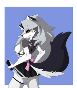 anthro breasts clothing dagger female fur hair maid_uniform melee_weapon red_sclera side_boob simple_background solo uniform weapon white_body white_fur 9air hellaverse helluva_boss mythology loona_(helluva_boss) canid canid_demon canine demon hellhound mammal mythological_canine mythological_creature digital_media_(artwork) hi_res