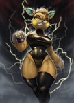 anthro big_breasts biped breasts clothed clothing electricity eyelashes female fur holding_object legwear looking_at_viewer orange_body orange_fur outside pokeball pupils raining smile solo thick_thighs thigh_highs yellow_eyes hamili nintendo pokemon generation_9_pokemon pawmo pokemon_(species) hi_res