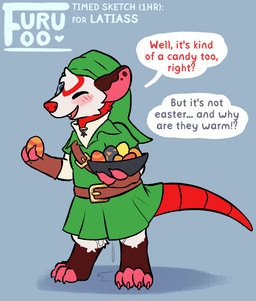 clothing costume dialogue dripping egg hat headgear headwear holidays leaking one_eye_closed oviposition shirt text topwear tunic wink furufoo easter halloween american_opossum mammal marsupial virginia_opossum english_text