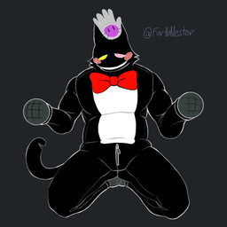 anthro black_body black_fur blush bow_tie clothing disembodied_hand duo electronics fur heterochromia kneeling male microphone petting tail zipper nestor_forth deltarune undertale_(series) cat_mike_(deltarune) felid feline mammal 1:1 absurd_res hi_res
