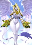 anthro blonde_hair breasts claws clothing feathered_wings feathers featureless_crotch female fur gloves hair handwear mask navel solo tail tail_tuft tuft white_body white_fur white_wings wings alanscampos bandai_namco digimon digimon_(species) nefertimon hi_res