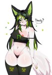 alternative_fashion anthro areola biped black_hair bodily_fluids bra breasts canid canine clothed clothing digital_media_(artwork) digital_painting_(artwork) fan_character female flesh_fang fox fredek666 green_eyes green_hair hair heart_symbol hi_res lactating legwear looking_at_viewer mammal monster_energy navel navel_piercing nipples off_shoulder one_breast_out panties piercing scene_(fashion) smile solo thigh_highs underwear white_body