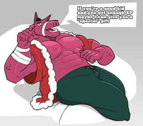 abs anthro bandage bandaged_arm bed big_muscles big_pecs black_eyebrows bottomwear bulge clothing costume dialogue eyebrows fur furniture gesture green_bottomwear green_clothing green_pants hand_gesture innuendo looking_at_viewer lying lying_on_bed male muscular navel on_bed pants pecs pinata pink_body pink_fur pointing pointing_at_self santa_costume solo speech_bubble talking_to_viewer text tufted_fur cronolm epic_games fortnite lt._john_llama animate_inanimate camelid living_pinata llama mammal hi_res