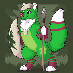 3_toes anthro eggshell feet fur green_body green_eyes melee_weapon polearm solo spear tail toes weapon symrea domestic_ferret mammal mustelid musteline true_musteline weasel 1:1 hi_res