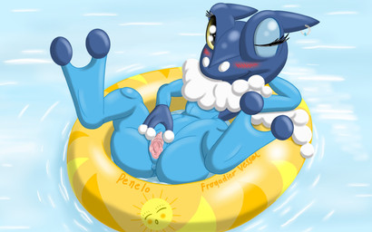 anus barefoot biped blush butt feet female genitals inflatable looking_at_viewer membrane_(anatomy) one_eye_closed pool_float presenting presenting_hindquarters presenting_vulva raised_leg semi-anthro smile solo spread_legs spread_vulva spreading toes vulva water webbed_feet wet navanastra nintendo pokemon amphibian frogadier generation_6_pokemon pokemon_(species) 16:10 digital_media_(artwork) hi_res widescreen