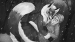 anthro clothed clothing coat duo eyewear fangs female forest fur galanthus glasses gloves hair handwear hug male plant size_difference smile snow standing teeth topwear tree white_hair winter winter_coat kettushka tiny_bunny alice_the_vixen anton_petrov albino canid canine fox human hybrid mammal 16:9 2023 hi_res monochrome widescreen