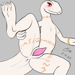 4_toes 5_fingers albino animal_genitalia anthro anus arm_tattoo bangle belly_tattoo big_tail blush blush_lines bodily_fluids bracelet claws crossgender cute_fangs digitigrade erection eyelashes fangs feet femboy finger_claws fingers front_view ftm_crossgender genital_fluids genital_slit genitals gold_(metal) gold_bangle gold_jewelry grey_background humanoid_hands jewelry leg_tattoo long_neck long_tail looking_at_viewer lying male male_anthro membrane_(anatomy) monotone_body neck_tattoo nude nude_anthro nude_male on_side one_leg_up orange_tattoo penis perineum pink_penis precum precum_on_penis presenting presenting_anus presenting_penis pupils raised_leg red_eyes simple_background slit_pupils small_penis smile smiling_at_viewer snout solo spread_legs spreading tail tapering_penis tattoo teeth thick_tail thick_thighs thigh_tattoo toe_claws toes tribal tribal_tattoo webbed_feet white_anus white_body white_claws white_genital_slit white_perineum wrist_bangle spe overlord_(series) crusch_lulu lizard lizardman lizardman_(overlord) reptile scalie 2025 absurd_res dated digital_drawing_(artwork) digital_media_(artwork) flat_colors hi_res signature sketchbook_(artwork) gynomorph_(lore)