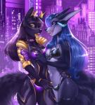 5_fingers anthro black_hair blue_eyes blue_hair breasts clothed clothing duo eyebrows eyelashes female fingers hair horn midriff navel open_mouth standing tail teeth tongue yellow_eyes sorafoxyteils fay_(wochifo) soraru_(sorafoxyteils) canid canine canis demon domestic_dog hybrid mammal