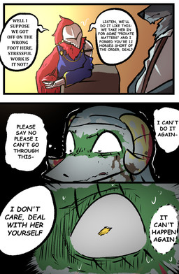 anthro clothed clothing dialogue female fur group horn knight male scar speech_bubble text trio warrior brradett lernie_(brradett) canid canine canis human mammal scalie wolf absurd_res colored comic digital_media_(artwork) english_text hi_res