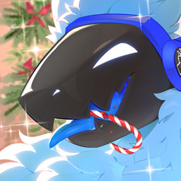 ambiguous_anthro ambiguous_gender anthro blue_body blue_fur blue_tongue bodily_fluids candy_cane_in_mouth fur machine open_mouth protogen_visor saliva saliva_string solo tongue tongue_out white_eyes famir lasket protogen 1:1 bust_portrait portrait