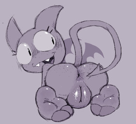 anus big_butt big_vulva butt fangs female genitals loli looking_back nude open_mouth plump_labia solo tail teeth vulva wings young young_female young_humanoid naughtymoff satina_(series) satina demon humanoid monochrome