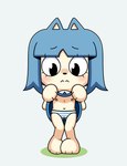 anthro biped blue_hair blush clothed clothing clothing_lift dress dress_lift embarrassed eyelashes female flat_chested hair nipples panties presenting simple_background solo underwear young kcn kunshikter tasqyn_studio sulu_(kunshikter) canid mammal