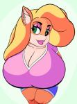 anthro big_breasts blonde_hair bottomwear breasts clothing female green_eyes hair huge_breasts lipstick makeup shorts mudamura activision crash_bandicoot_(series) tawna_bandicoot bandicoot mammal marsupial absurd_res hi_res