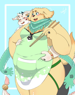 apron bell_grab belly blush butt chopsticks clothing cooking duo grope groping_from_behind jockstrap male male/male overweight scarf underwear lifewonders tokyo_afterschool_summoners cu_sith_(tas) bird_dog canid canine canis domestic_dog golden_retriever hunting_dog mammal retriever hi_res