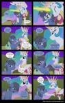 2014 absurd_res bodily_fluids brown_eyes clutterstep_(oc) comic crown cutie_mark dialogue duo earth_pony english_text equid equine eyes_closed fan_character feathered_wings feathers female friendship_is_magic fur grey_hair hair hasbro headgear hi_res horn horse male mammal mlp-silver-quill multicolored_hair my_little_pony mythological_creature mythological_equine mythology open_mouth outside pony princess_celestia_(mlp) purple_eyes royalty star sweat teeth text url white_body white_feathers white_fur winged_unicorn wings