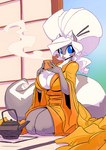 anthro blue_eyes breasts cleavage clothed clothing container cup female fur grey_body grey_fur hair inside mug robe solo steam teapot white_body white_fur white_hair conditional_dnp jollyjack chloe_sinclaire mammal mephitid skunk 2024