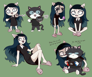anthro chibi clothing dress duo electronics eyeliner female footwear game_console green_background makeup male shoes simple_background slippers flowerpigeon73 cartoon_hangover nintendo nintendo_switch the_summoning claire_(the_summoning) edgar_(the_summoning) domestic_cat felid feline felis mammal 2020 hi_res