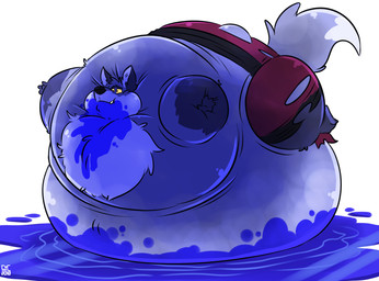 anthro berry_juice beverage blue_body blue_fur blueberry_inflation blueberry_juice body_inflation clothed clothing dipstick_tail fur immobile inflation juice_(beverage) juice_from_mouth leaking leaking_juice lying male markings on_front solo swollen_cheeks tail tail_markings text topless torn_clothing syc canid canine fox mammal 2018 artist_name dated hi_res