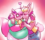 anthro blush canon_couple duo female female/female heart_symbol hug hugging_another hugging_from_behind kissing_cheek simple_background winguthings super_lesbian_animal_rpg allison_goleta melody_amaranth 2023 hi_res portrait three-quarter_portrait trans_(lore) trans_woman_(lore)