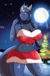 anthro big_breasts blue_body blue_eyes blue_scales breasts christmas_tree clothed clothing eyewear female glasses holidays looking_at_viewer moon non-mammal_breasts open_mouth outside plant scales scarf sky smile snow solo star tail teeth thick_thighs topwear tree wide_hips robthehoopedchipmunk christmas mythology tulip_(rthc) dragon mythological_creature mythological_scalie reptile scalie digital_media_(artwork) hi_res