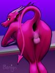 anus backsack balls bent_over butt femboy gaping gaping_anus genitals horn long_ears looking_at_viewer looking_back male open_mouth presenting raised_tail red_body red_skin solo spade_tail tail benign_light scalie 3:4 hi_res signature