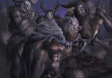 abs anthro antlers balls bodily_fluids body_hair bone cum genital_fluids genitals group hairy horn humanoid_genitalia humanoid_penis male male/male muscular nipples nude pecs penis pubes skull skull_head weapon mongry1984 american_mythology elden_ring fromsoftware indigenous_north_american_mythology mythology north_american_mythology blaidd_(elden_ring) canid canine canis hybrid mammal wendigo wolf hi_res
