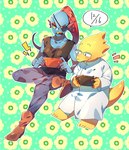 black_clothing black_shirt black_topwear blue_body blue_skin clothing coat duo eye_patch eyewear feet female floral_background gaming hair lab_coat red_hair shirt tail tank_top topwear yellow_body yellow_sclera yellow_skin yellow_tail pugthe2ro undertale undertale_(series) alphys undyne animal_humanoid fish fish_humanoid humanoid marine marine_humanoid hi_res