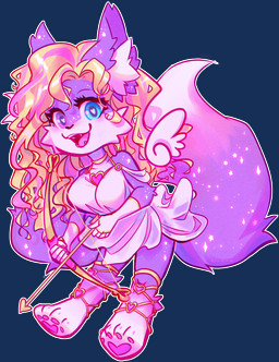 2_tails anthro arrow_(weapon) blonde_hair bow_(weapon) chibi clothed clothing cosmic_fur cupid's_arrow female floating_wings fluffy fluffy_ears fluffy_tail fur hair heart_eyes heart_pawpads heart_symbol holidays jewelry long_hair looking_at_viewer multi_tail open_mouth pawpads pink_body purple_body ranged_weapon robe simple_background smile smiling_at_viewer solo sticker tail text toga transparent_background unusual_anatomy unusual_wings weapon white_body wings kaorisorahoshi valentine's_day bimbo_tanti canid canine fox mammal 2026 alpha_channel artist_name colored digital_media_(artwork) hi_res pink_theme shaded