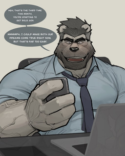 accessory anthro barazoku beard big_muscles cellphone chair clothed clothing collared_shirt computer desk dialogue dress_shirt electronics eyebrows eyewear facial_hair fur furniture glasses grey_background hair holding_object huge_muscles kemono laptop male male/male mature_anthro mature_male muscular muscular_anthro muscular_male necktie open_mouth open_smile phone sexting shirt simple_background sitting smartphone smile solo stated_incest stubble table teeth text texting tight_clothing topwear tuft unprofessional_behavior vein kenkudog unnamed_character bear mammal polar_bear ursine 2026 absurd_res english_text hi_res father_(lore) incest_(lore) parent_(lore)