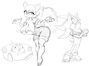 5_fingers boots breasts clothing eyelashes female fingers footwear group hair male shoes standing tail trio wings gausscannon sega sonic_the_hedgehog_(series) rouge_the_bat shadow_the_hedgehog sonic_the_hedgehog bat mammal absurd_res hi_res monochrome