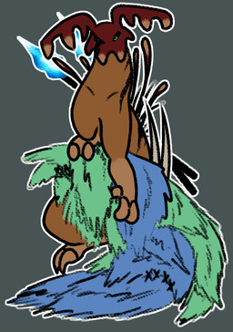 ambiguous_gender animal_skin antlers blue_body blue_eyes blue_fur brown_body feral frill_(anatomy) fur green_body green_eyes green_fur heterochromia horn mask melee_weapon polearm scar seam_(sewing) simple_background solo spear weapon kayw2324 rain_world videocult scavenger_(rain_world) hi_res