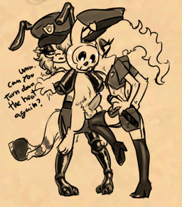 1_eye 3_toes 4_fingers accessory animal_genitalia antennae_(anatomy) anthro anthro_on_anthro ballbusting balls barefoot baton biped black_sclera black_text bodily_fluids bone boots bottomwear carrying_another carrying_partner clothed clothed/nude clothed_anthro clothed_female clothing cock_and_ball_torture dialogue digitigrade dominant dominant_female erection exoskeleton eyelashes feet female female_anthro fingers fire flat_chested footwear fur genital_fluids genital_torture genitals group hair half-closed_eyes high_heeled high_heeled_boots high_heels humanoid_on_anthro knee_on_balls legwear long_hair looking_down male male/female male_anthro midriff narrowed_eyes necktie nervous nervous_sweat nude nude_anthro nude_male penis pigeon_toed police police_baton police_hat precum raised_leg sheath shirt shoes short_sleeves skirt skull skull_head standing sweat sweaty_face tail talking_to_another tapering_penis text thigh_boots thigh_highs toes topwear trio two_doms_one_sub wide_eyed young young_anthro young_female young_humanoid soulcentinel spirit_(soulcentinel) violet_echo waketab_(waketab) arthropod elemental_creature elemental_humanoid fire_creature fire_humanoid humanoid insect lagomorph leporid mammal morsectuum rabbit 2026 english_text handwritten_text monochrome sepia