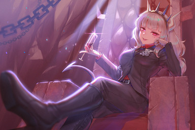 belt boots breasts business_suit chain chair clothing container cup drinking_glass female footwear furniture glass glass_container glass_cup hair high_heeled_boots high_heels horn low-angle_view markings mole_(marking) not_furry occult_symbol red_eyes shoes sigil sigil_of_lucifer smile solo spade_tail suit symbol tail throne white_hair wine_glass mkkgraphic helltaker lucifer_(helltaker) demon demon_humanoid humanoid 2020 hi_res