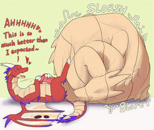 balls big_balls cock_vore digestion disregard_of_life duo feral genitals huge_balls hyper hyper_balls hyper_genitalia male non-mammal_balls penile penis tan_balls text vore accadurosoce mythology selicia_(chomanderjake) dragon mythological_creature mythological_scalie scalie english_text hi_res