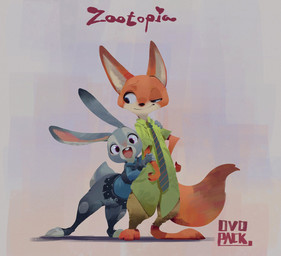 abstract_background anthro barefoot bottomwear buckteeth clothed clothing dipstick_tail duo feet fully_clothed fur grey_body grey_fur looking_at_viewer markings multicolored_tail necktie open_mouth open_smile orange_body orange_fur pants police police_uniform purple_eyes shirt smile tail tail_markings tan_body tan_fur teeth toeless_legwear topwear uniform ovopack disney zootopia judy_hopps nick_wilde canid canine fox lagomorph leporid mammal rabbit red_fox true_fox 2015 hi_res