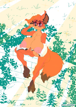 anthro big_breasts breasts eyewear female glasses high-angle_view huge_breasts nude outside sitting solo thick_thighs wide_hips klmsama canid canine fox mammal absurd_res hi_res