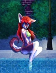anthro bikini biped breasts canid canine canis clothed clothing domestic_dog female green_eyes hair looking_at_viewer mammal pacmancorp red_hair sitting skimpy smile solo soriana swimming_pool swimwear tight_clothing water